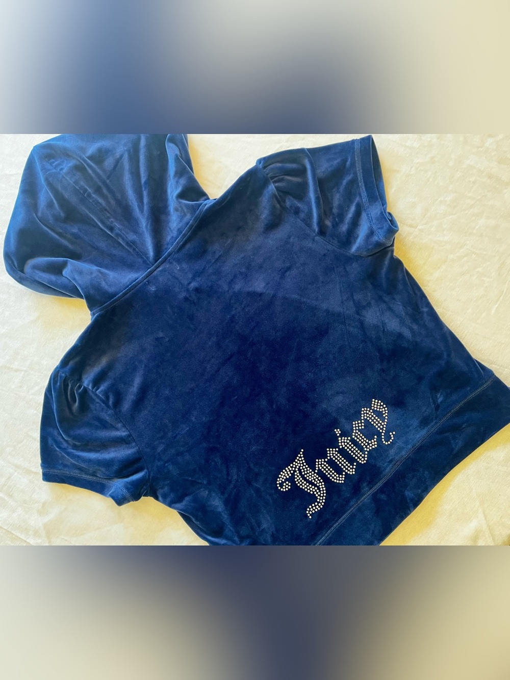 juicy couture y2k inspired navy velour short sleeve zip hoodie rhinestone logo